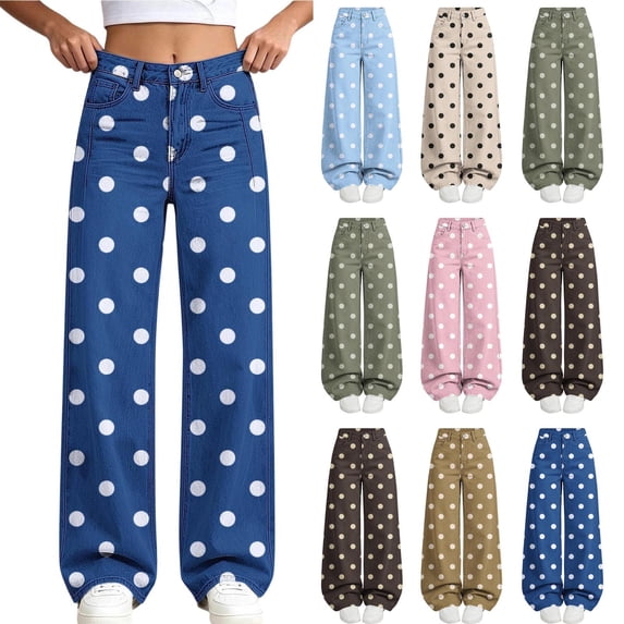 Spazoro Girls Wide Leg Pants with Pockets, Stretchy Loose Fit Straight Leg Button Closure Polka Dot Print Trendy Casual Trousers for Daily Wear Blue Size 9-10