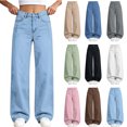 thumbnail image 1 of Spazoro Girls Wide Leg Pants with Pockets, Solid Color Button Closure High Waist Stretchy Loose Fit Faux Denim Casual Trousers Light Blue Size 7-8, 1 of 9
