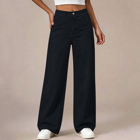 Spazoro Girls Wide Leg Pants with Pockets, Stretchy High Waist Button Closure Loose Fit Solid Color Faux Denim Casual Trousers Black Size 13-14