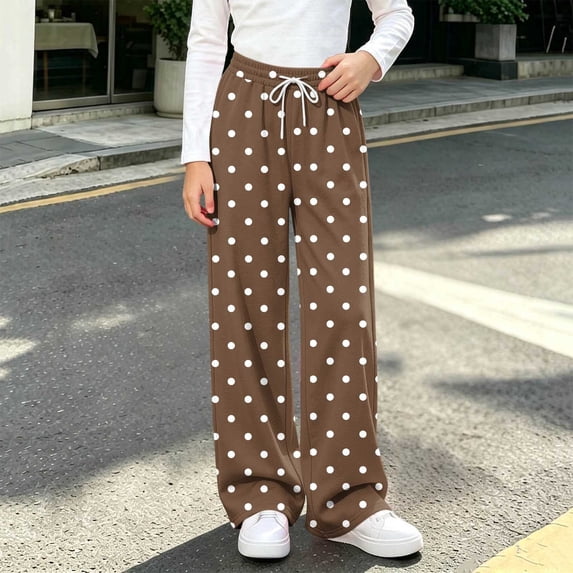 Spazoro Girls Wide Leg Sweatpants, Drawstring Elastic Waist Relaxed Fit Polka Dot Print Casual Loungewear Trousers for Daily Wear Brown Size 12-13