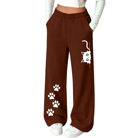 Spazoro Girls Wide Leg Sweatpants with Pockets, Cat Paw Print Elastic Waist Loose Fit Drawstring Fleece Lined Relaxed Casual Bottoms for Daily Wear Coffee Size 7-8