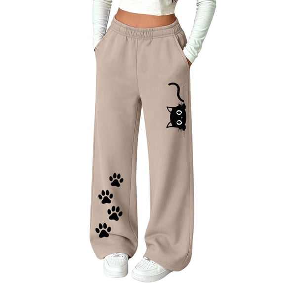 Spazoro Girls Wide Leg Sweatpants with Pockets, Fleece Lined Drawstring Cat Paw Print Elastic Waist Loose Fit Relaxed Casual Bottoms for Daily Wear Khaki Size 9-10