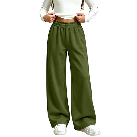 Spazoro Girls Wide Leg Sweatpants with Pockets, Ruffled Waistband Pull On Solid Color Warm Loose Fit Baggy Trousers Fall Winter Casual Bottoms Green Size 7-8