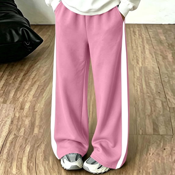 Spazoro Girls Wide Leg Sweatpants with Pockets, Side Stripe Elastic Waist Loose Fit Drawstring Solid Color Wide Leg Trousers for Daily Street Outings Pink Size 14-15