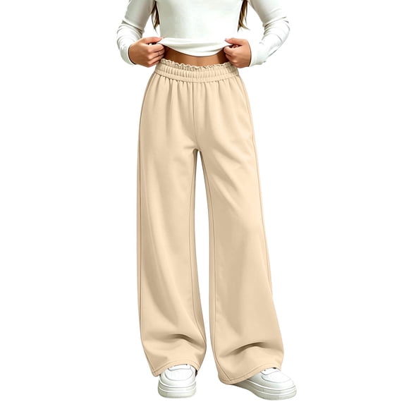 Spazoro Girls Wide Leg Sweatpants with Pockets, Warm Pull On Solid Color Ruffled Waistband Loose Fit Baggy Trousers Fall Winter Casual Bottoms Beige Size 12-13