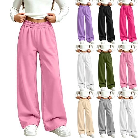 Spazoro Girls Wide Leg Sweatpants with Pockets, Warm Ruffled Waistband Solid Color Pull On Loose Fit Baggy Trousers Fall Winter Casual Bottoms Pink Size 7-8