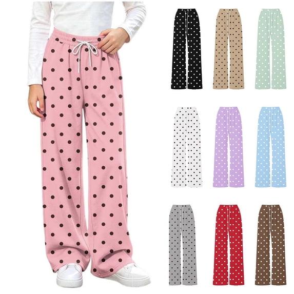 Spazoro Girls Wide Leg Sweatpants, Relaxed Fit Polka Dot Print Drawstring Elastic Waist Casual Loungewear Trousers for Daily Wear Pink Size 7-8
