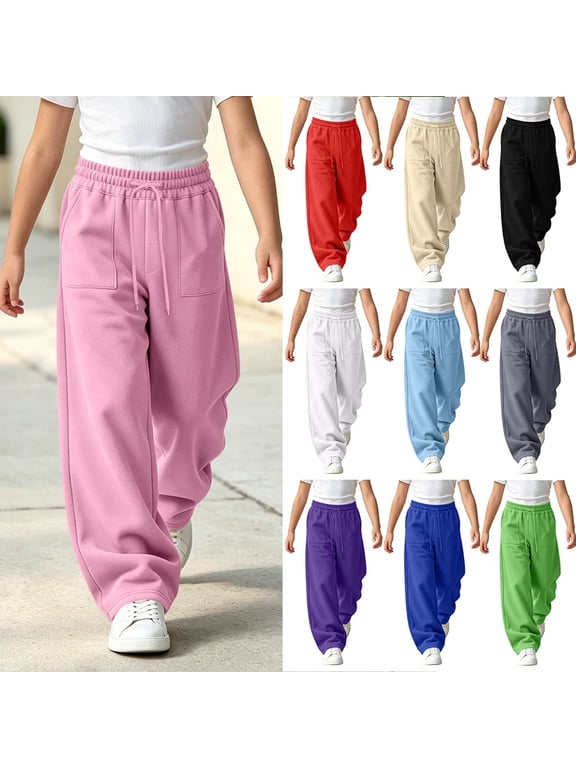 Girls Wide Leg Sweatpants, Solid Color Drawstring Elastic Waist Patch Pockets Loose Fit Casual Long Trousers for Daily Wear Pink Size 7-8