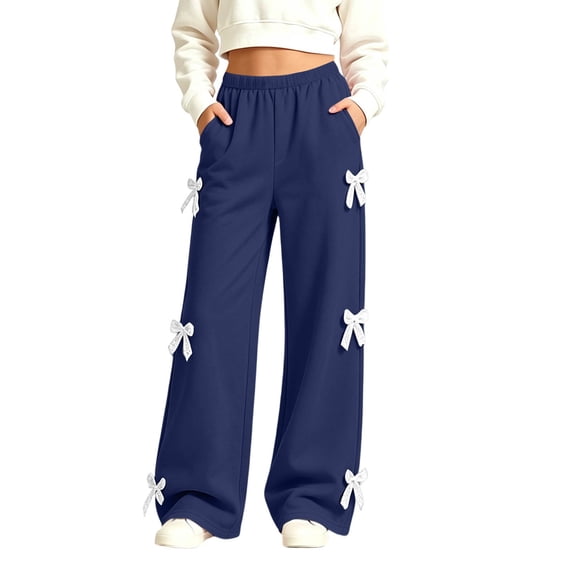 Spazoro Girls Wide Leg Sweatpants with Pockets, Elastic Waist Pull On Lace Bow Decor Solid Color Loose Fit Casual Wide Leg Trousers Navy Size 7-8