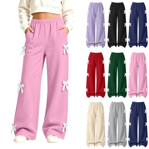 Spazoro Girls Wide Leg Sweatpants with Pockets, Loose Fit Lace Bow Decor Pull On Solid Color Elastic Waist Casual Wide Leg Trousers Pink Size 11-12