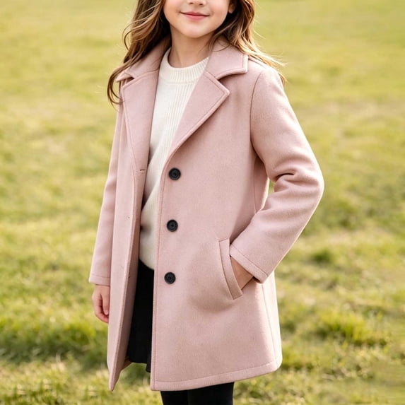 Spazoro Girls Wool Blend Overcoat with Pockets, Notch Lapel Button Down Solid Color Warm Long Sleeve Loose Fit Mid Length Trench Outerwear Pink Size 8-9