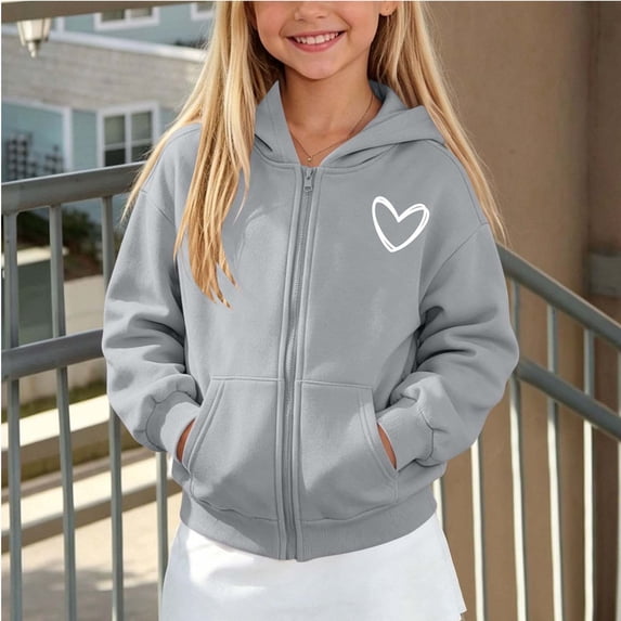 Spazoro Girls Zip Up Hoodie Jacket with Pockets, Loose Fit Ribbed Cuffs Heart Graphicper Long Sleeve Kangaroo Pockets Hooded Sweatshirt Outerwear for Cold Weather Gray Size 7-8