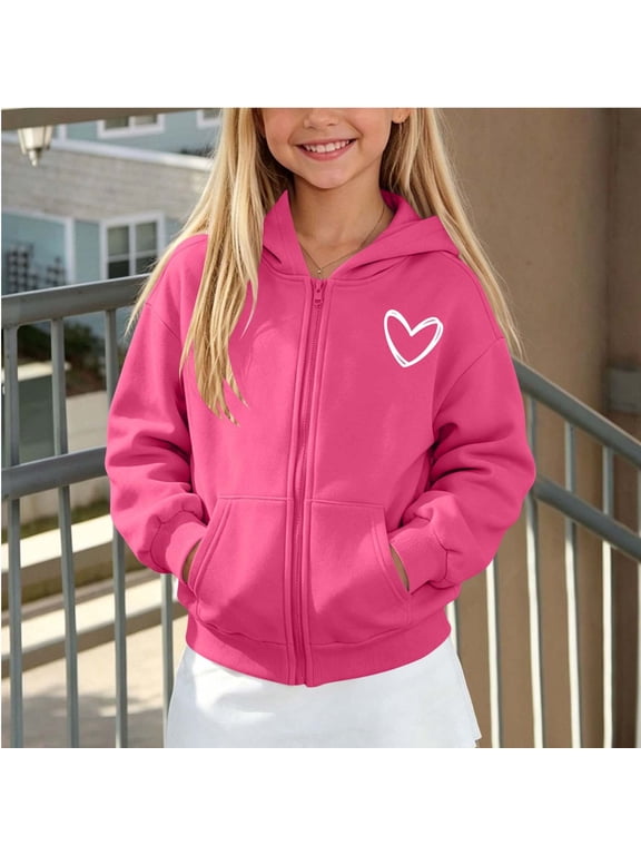 Girls Zip Up Hoodie Jacket with Pockets, Loose Fitper Long Sleeve Heart Graphic Kangaroo Pockets Ribbed Cuffs Hooded Sweatshirt Outerwear for Cold Weather Hot Pink Size 7-8