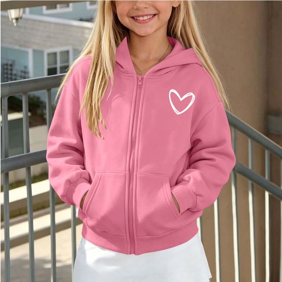Spazoro Girls Zip Up Hoodie Jacket with Pockets,per Ribbed Cuffs Loose Fit Kangaroo Pockets Heart Graphic Long Sleeve Hooded Sweatshirt Outerwear for Cold Weather Pink Size 11-12