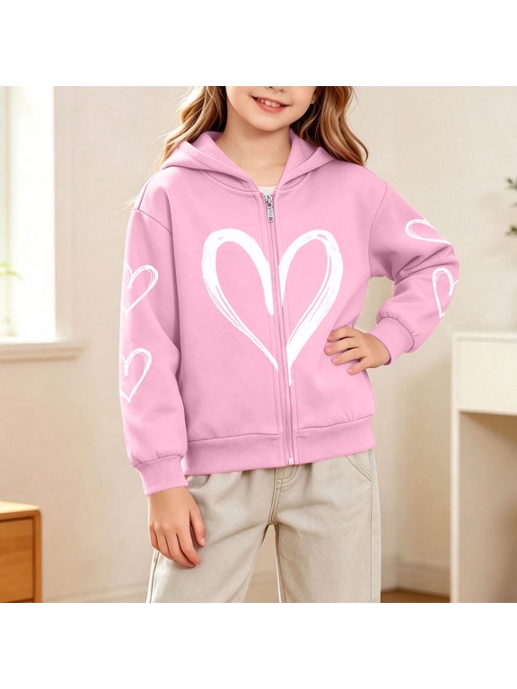 Girls Zip-Up Hooded Sweatshirt, Long Sleeve Loose Heart Print Trendy Casual Outerwear Hoodie Jacket Pink Size 4-5T