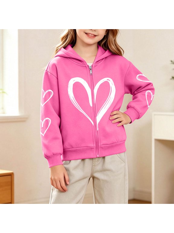 Girls Zip-Up Hooded Sweatshirt, Loose Trendy Heart Print Long Sleeve Casual Outerwear Hoodie Jacket Hot Pink Size 4-5T