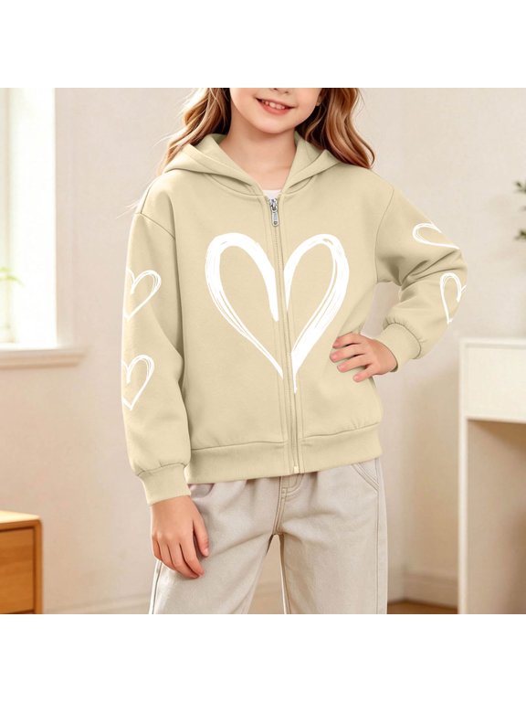 Girls Zip-Up Hooded Sweatshirt, Trendy Long Sleeve Loose Heart Print Casual Outerwear Hoodie Jacket Beige Size 4-5T