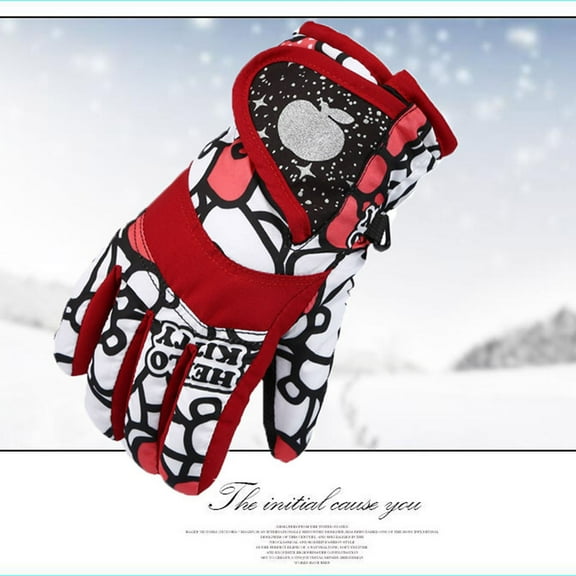 Spazoro Kid Girls Boys Gloves, Warm Graphic Winter Windproof Ski Gloves for Toddler Child Red Size 3-5 T
