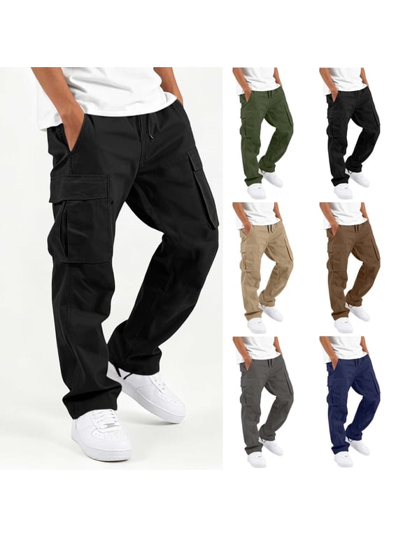 Kids Boys 100% Cotton Cargo Pants with Multi-Pockets, Fall Straight Leg Elastic Drawstring Waist Breathable Casual Trousers for School Outdoor Black Size 5-6