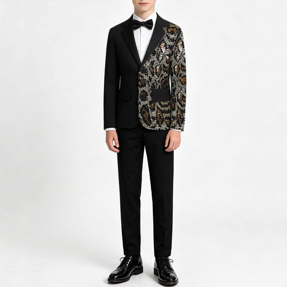 Spazoro Kids Boys 3-Piece Suit Set, 2-Button Foil Print Jacket+Pants Formal Dress Set for Wedding Black Size 10-11