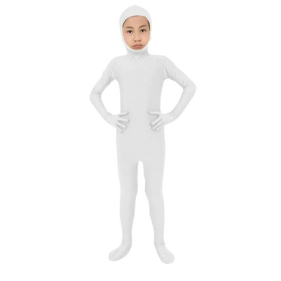 Spazoro Kids Boys Full Body Zentai Suits, Hooded Seamless Stretchy Solid Color Performance Jumpsuits for Unisex White Size 14-15T