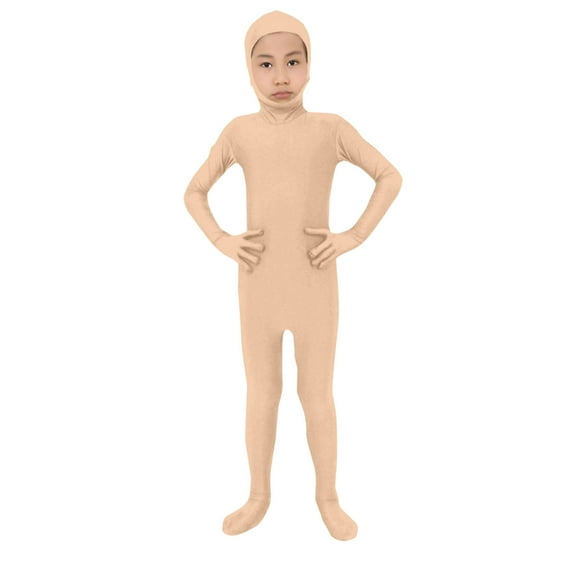 Spazoro Kids Boys Full Body Zentai Suits, Seamless Hooded Stretchy Solid Color Performance Jumpsuits for Unisex Beige Size 14-15T