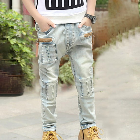 Spazoro Kids Boys Jeans, Elastic Waist Casual Spring Solid Color Denim Pants for Child Boys Light Blue Size 4 T