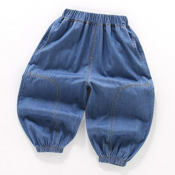 Spazoro Kids Boys Jeans, Solid Color Spring Elastic Waist Casual Denim Pants for Child Boys Dark Blue Size 5-6T