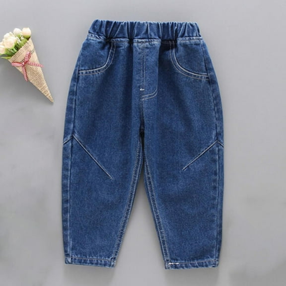 Spazoro Kids Boys Jeans, Spring Elastic Waist Casual Solid Color Denim Pants for Child Boys Blue Size 3-4T