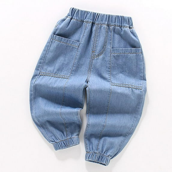 Spazoro Kids Boys Jeans, Spring Elastic Waist Casual Solid Color Denim Pants for Child Boys Light Blue Size 1-2T