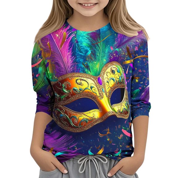 Spazoro Kids Child Girls Casual T-Shirts Tee, 3/4 Sleeve Crew Neck Fashion Mardi Gras Print Summer Loose Tops Trousers for Girls Multicolor Size 4-5 T