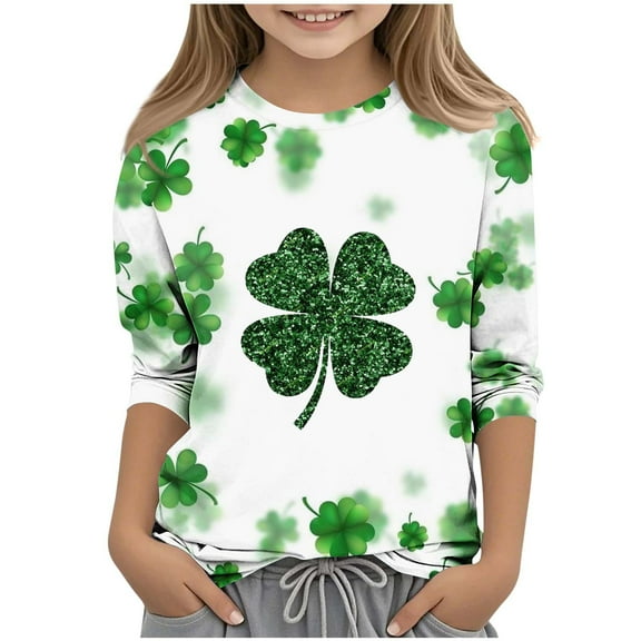 Spazoro Kids Child Girls Casual T-Shirts Tee, 3/4 Sleeve Crew Neck Summer Fashion Mardi Gras Print Loose Tops Trousers for Girls Pink Size 5 T