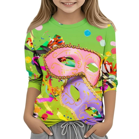 Spazoro Kids Child Girls Casual T-Shirts Tee, 3/4 Sleeve Fashion Crew Neck Mardi Gras Print Summer Loose Tops Trousers for Girls Purple Size 11 T