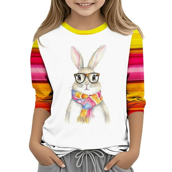 Spazoro Kids Child Girls Casual T-Shirts Tee, 3/4 Sleeve Fashion Rabbit Print Crew Neck Summer Loose Tops Trousers for Girls Pink Size 11-12T