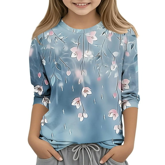 Spazoro Kids Child Girls Casual T-Shirts Tee, 3/4 Sleeve Printed Fashion Summer Crew Neck Loose Tops Trousers for Girls Blue Size 4 T
