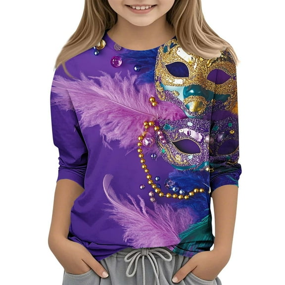 Spazoro Kids Child Girls Casual T-Shirts Tee, Fashion Summer Crew Neck Mardi Gras Print 3/4 Sleeve Loose Tops Trousers for Girls Multicolor Size 3-4 T