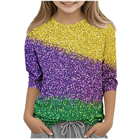 Spazoro Kids Child Girls Casual T-Shirts Tee, Summer 3/4 Sleeve Crew Neck Fashion Mardi Gras Print Loose Tops Trousers for Girls Purple Size 5 T