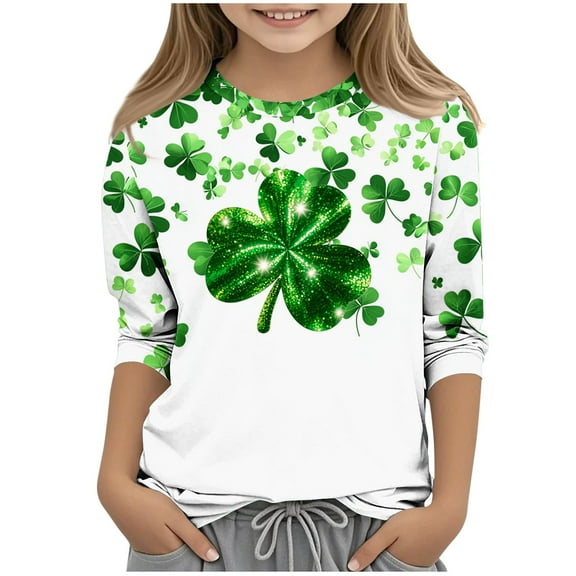 Spazoro Kids Child Girls Casual T-Shirts Tee, Summer Crew Neck St. Patrick's Print Fashion 3/4 Sleeve Loose Tops Trousers for Girls Green Size 11 T