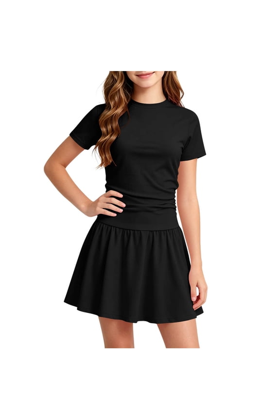 Kids Girls 2 Piece Outfit Set, T-Shirts & A-Line Skorts Breathable Solid Color Casual Summer Clothes Sets for Tennis Black Size 13-14