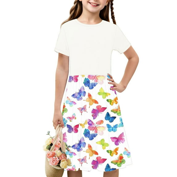 Spazoro Kids Girls A Line Dresses, New Style Butterfly Print Stretchy Wrinkle Short Sleeve Princess Dress for Child Girls Multicolor Size 7 T
