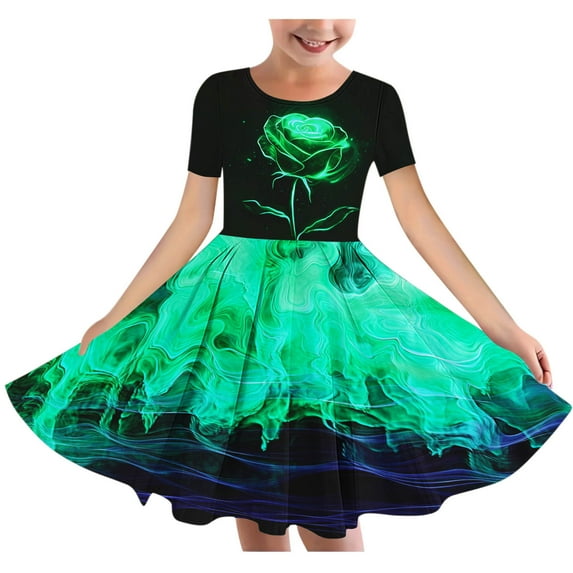 Spazoro Kids Girls A Line Dresses, New Style Short Sleeve Round Neck Floral Print Princess Dress for Child Girls Green Size 13 T