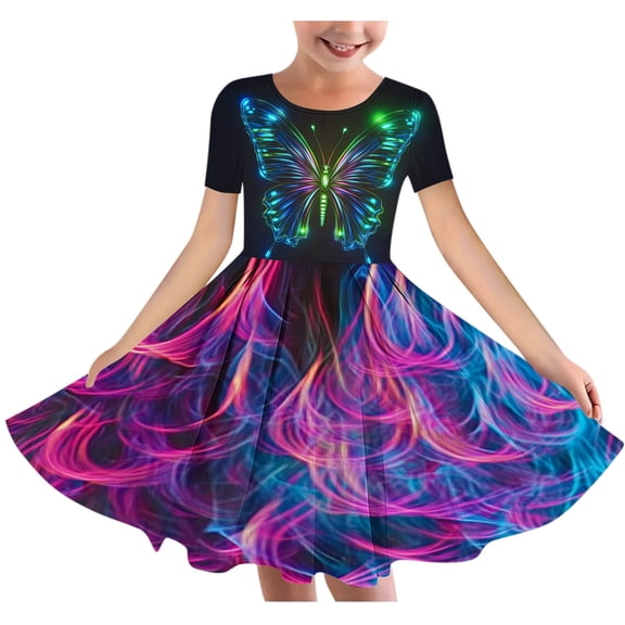 Spazoro Kids Girls A Line Dresses, Butterfly Print Short Sleeve New Style Round Neck Princess Dress for Child Girls Purple Size 5 T