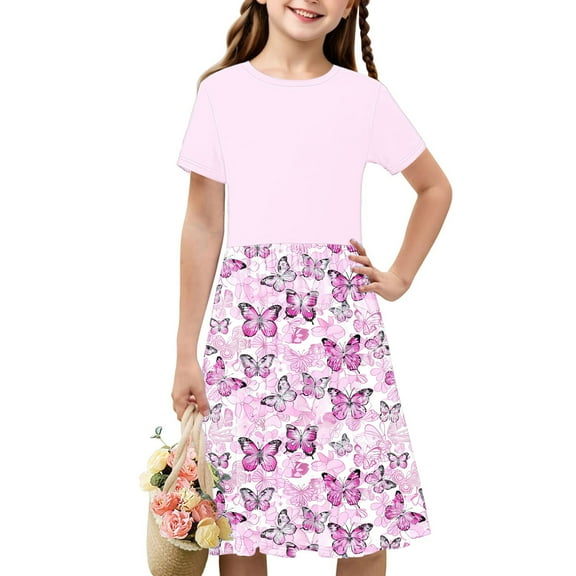 Spazoro Kids Girls A Line Dresses, Butterfly Print Short Sleeve New Style Stretchy Wrinkle Princess Dress for Child Girls Pink Size 4 T