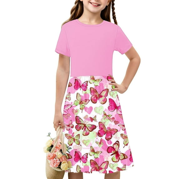 Spazoro Kids Girls A Line Dresses, Butterfly Print Stretchy Wrinkle Short Sleeve New Style Princess Dress for Child Girls Pink Size 13 T