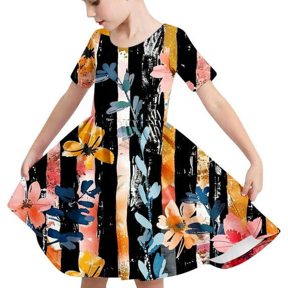 Spazoro Kids Girls A Line Dresses, Fashion Short Sleeve Stretchy Wrinkle Floral Print Princess Dress for Child Girls Multicolor Size 11 T