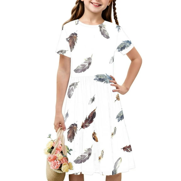 Spazoro Kids Girls A Line Dresses, Floral Print New Style Short Sleeve Stretchy Wrinkle Princess Dress for Child Girls Brown Size 5 T