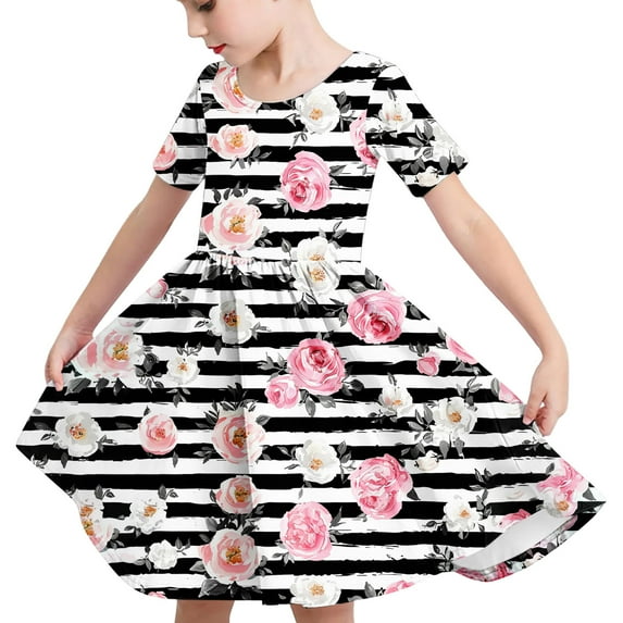 Spazoro Kids Girls A Line Dresses, Floral Print Short Sleeve Stretchy Wrinkle Fashion Princess Dress for Child Girls Multicolor Size 4 T
