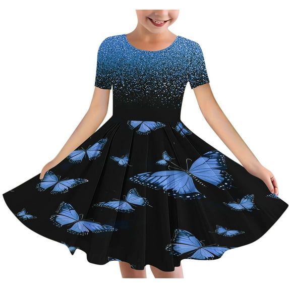 Spazoro Kids Girls A Line Dresses, Round Neck Short Sleeve Butterfly Print New Style Princess Dress for Child Girls Blue Size 11 T