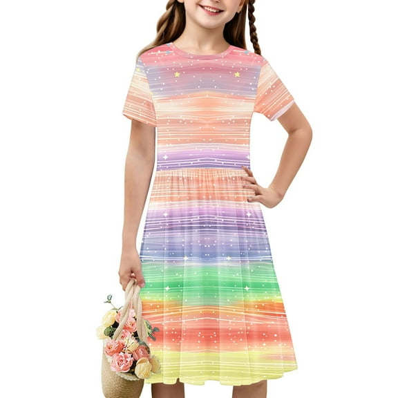 Spazoro Kids Girls A Line Dresses, Short Sleeve Stretchy Wrinkle New Style Tie Dye Princess Dress for Child Girls Multicolor Size 4 T
