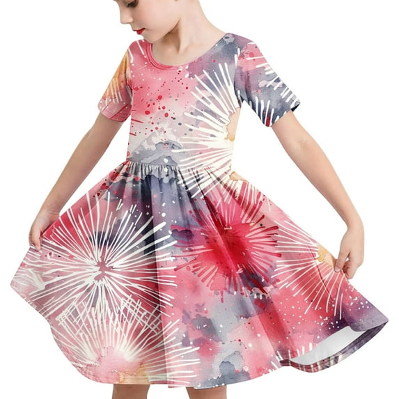 Spazoro Kids Girls A Line Dresses, Short Sleeve Stretchy Wrinkle Fashion Floral Print Princess Dress for Child Girls Multicolor Size 4 T
